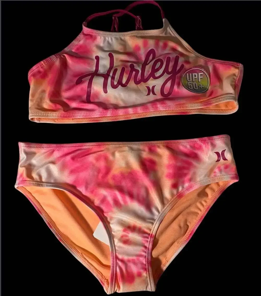 Hurley Girls Pink & Orange Tie-Dye 2-Piece Bikini Swimsuit Size XL (16)